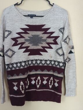 American Eagle Outfitters Aztec Crewneck Sweater - Burgundy and Light Gray